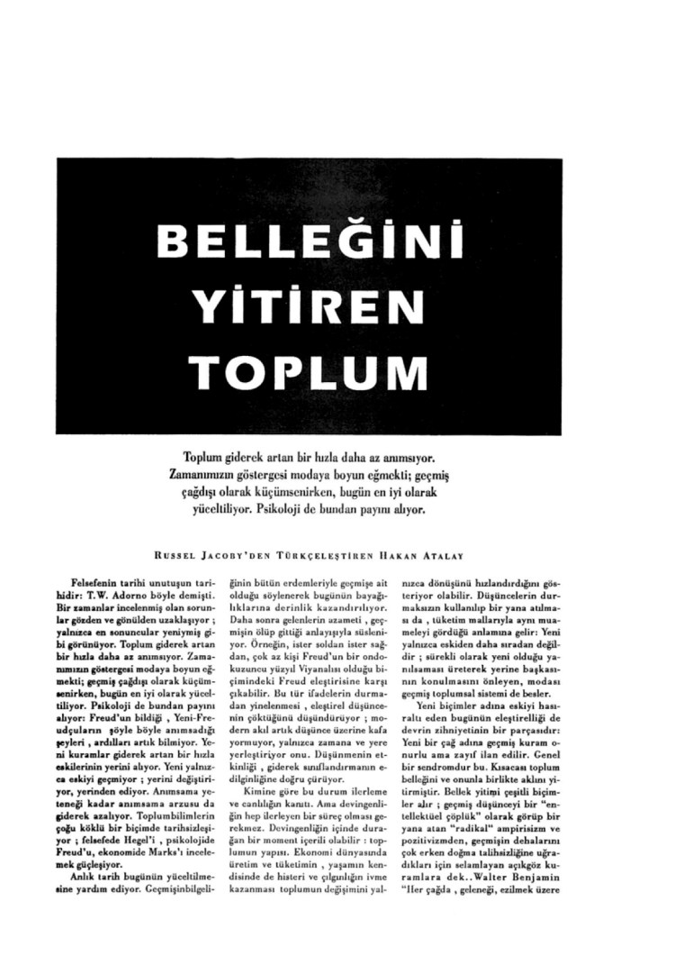 Belleğini Yitiren Toplum